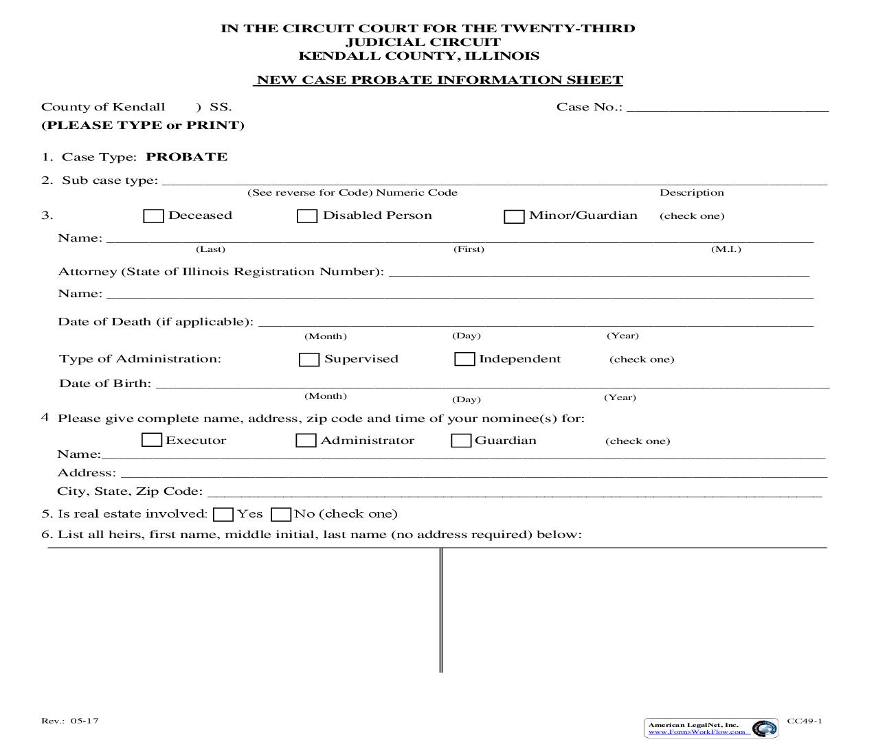 New Case Probate Information Sheet {CC49} | Pdf Fpdf Doc Docx | Illinois