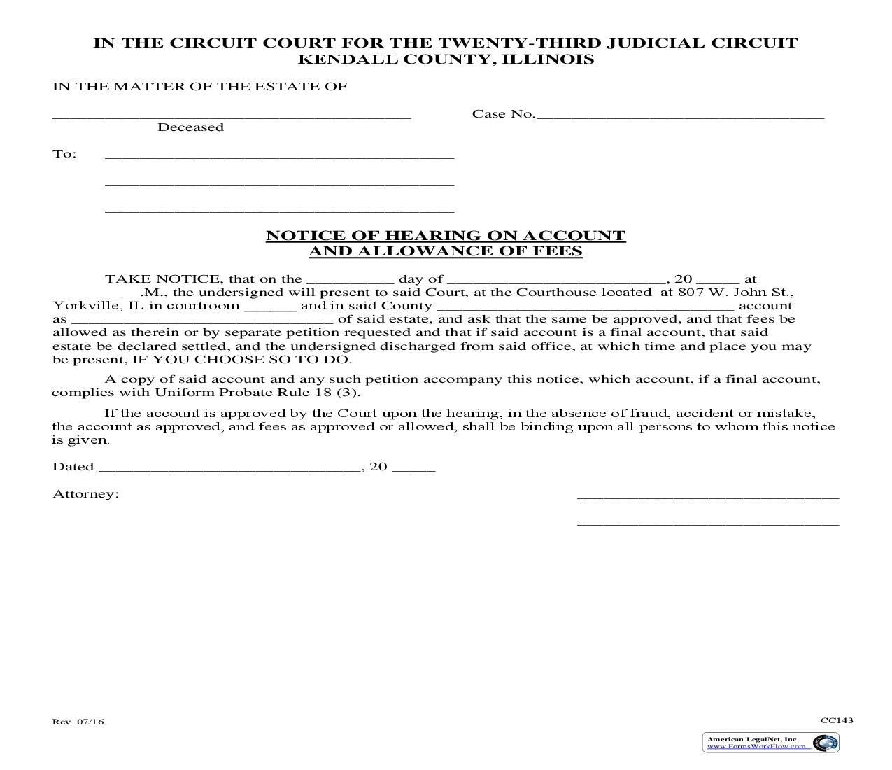 Notice Of Hearing On Account And Allowance Of Fees {CC143} | Pdf Fpdf Doc Docx | Illinois