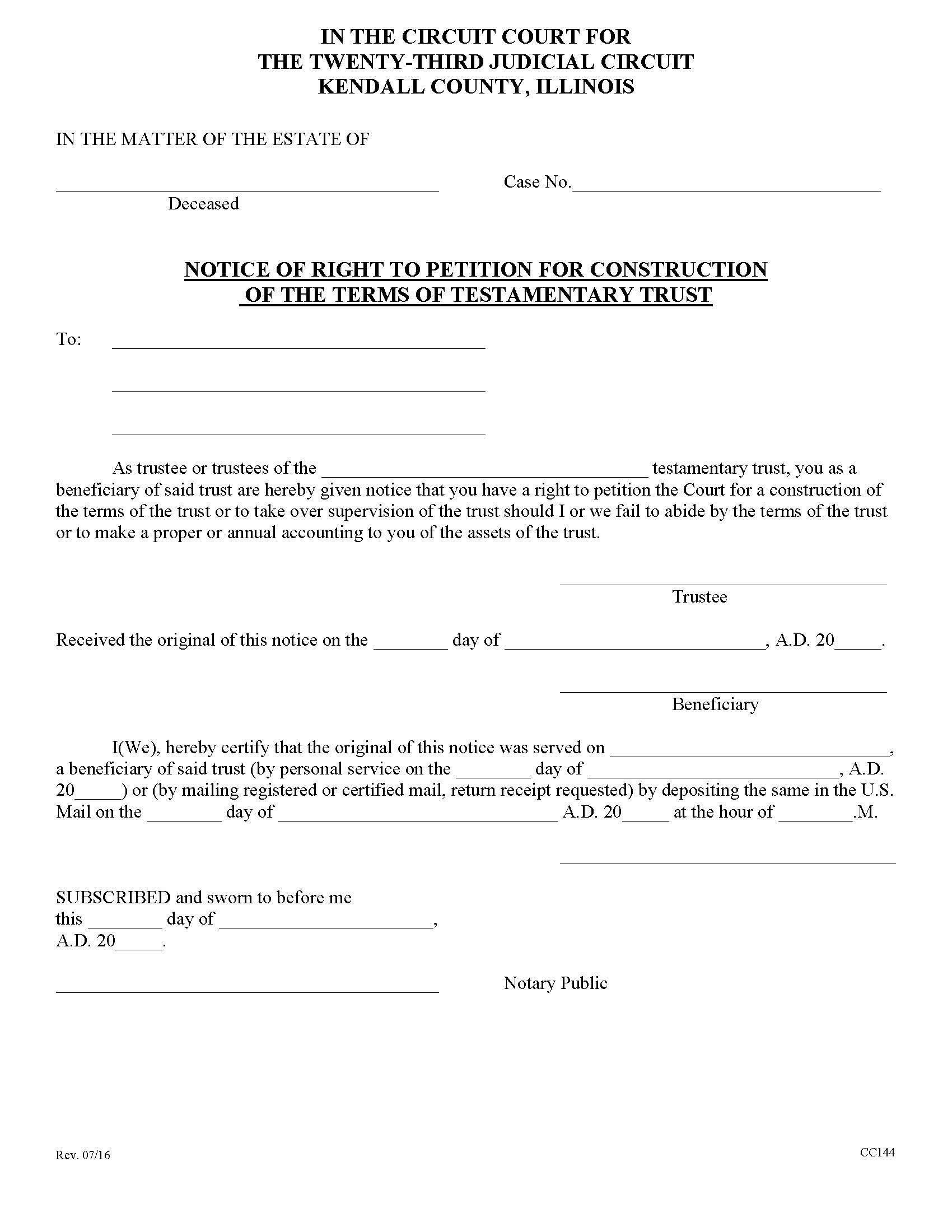 Notice Of Right To Petition For Construction Of The Terms Of Testamentary Trust {CC144} | Pdf Fpdf Doc Docx | Illinois
