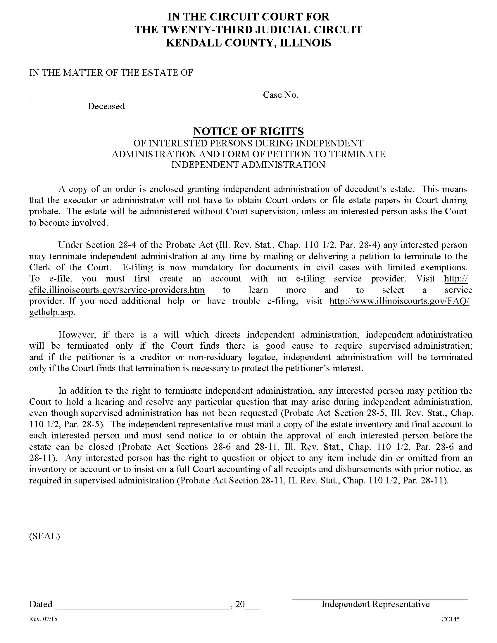 Notice Of Rights Of Interested Persons {CC145} | Pdf Fpdf Doc Docx | Illinois