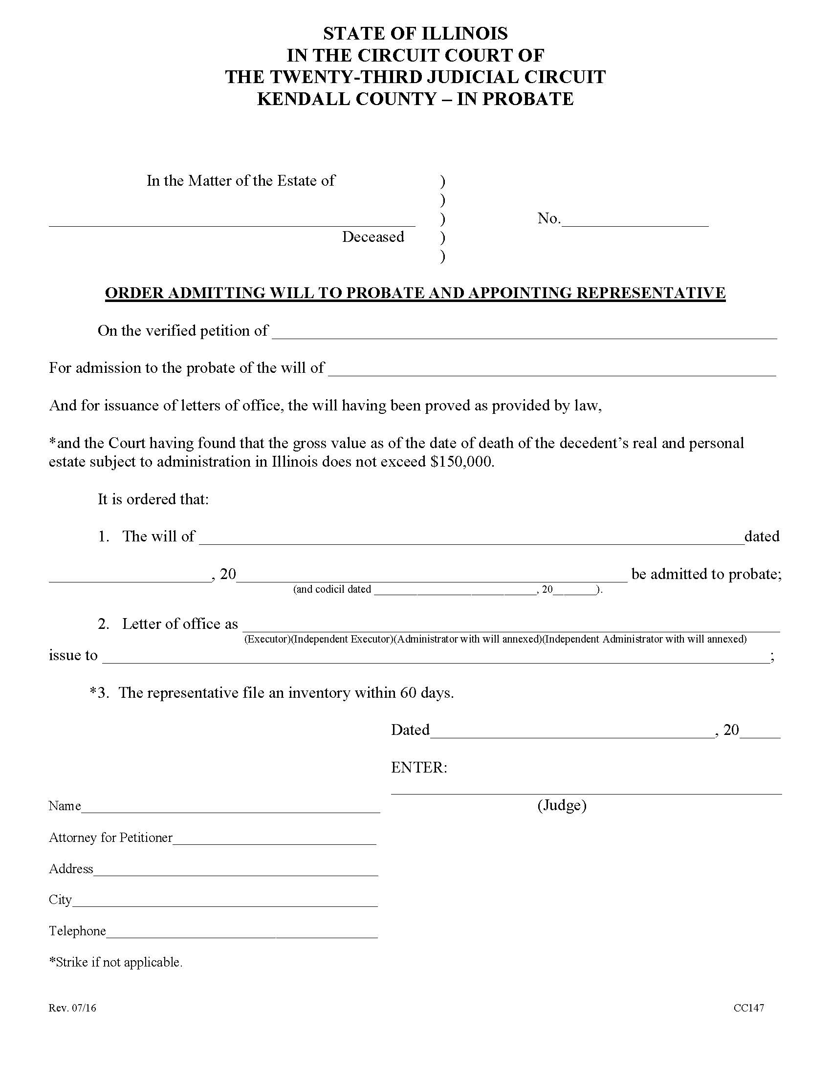 Order Admitting Will To Probate And Appointing Representative {CC147} | Pdf Fpdf Doc Docx | Illinois