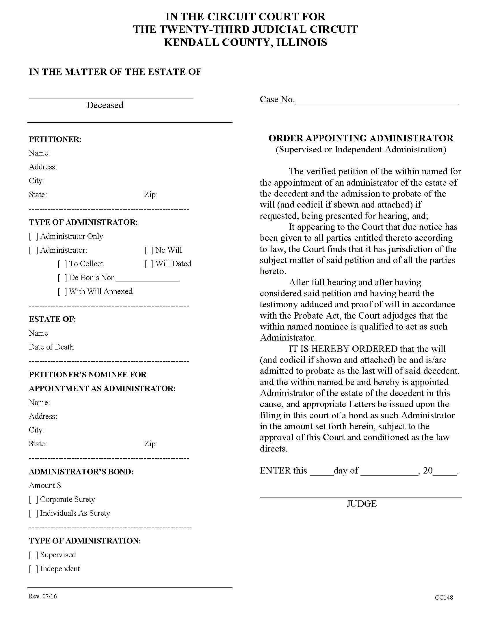 Order Appointing Administrator {CC148) | Pdf Fpdf Doc Docx | Illinois
