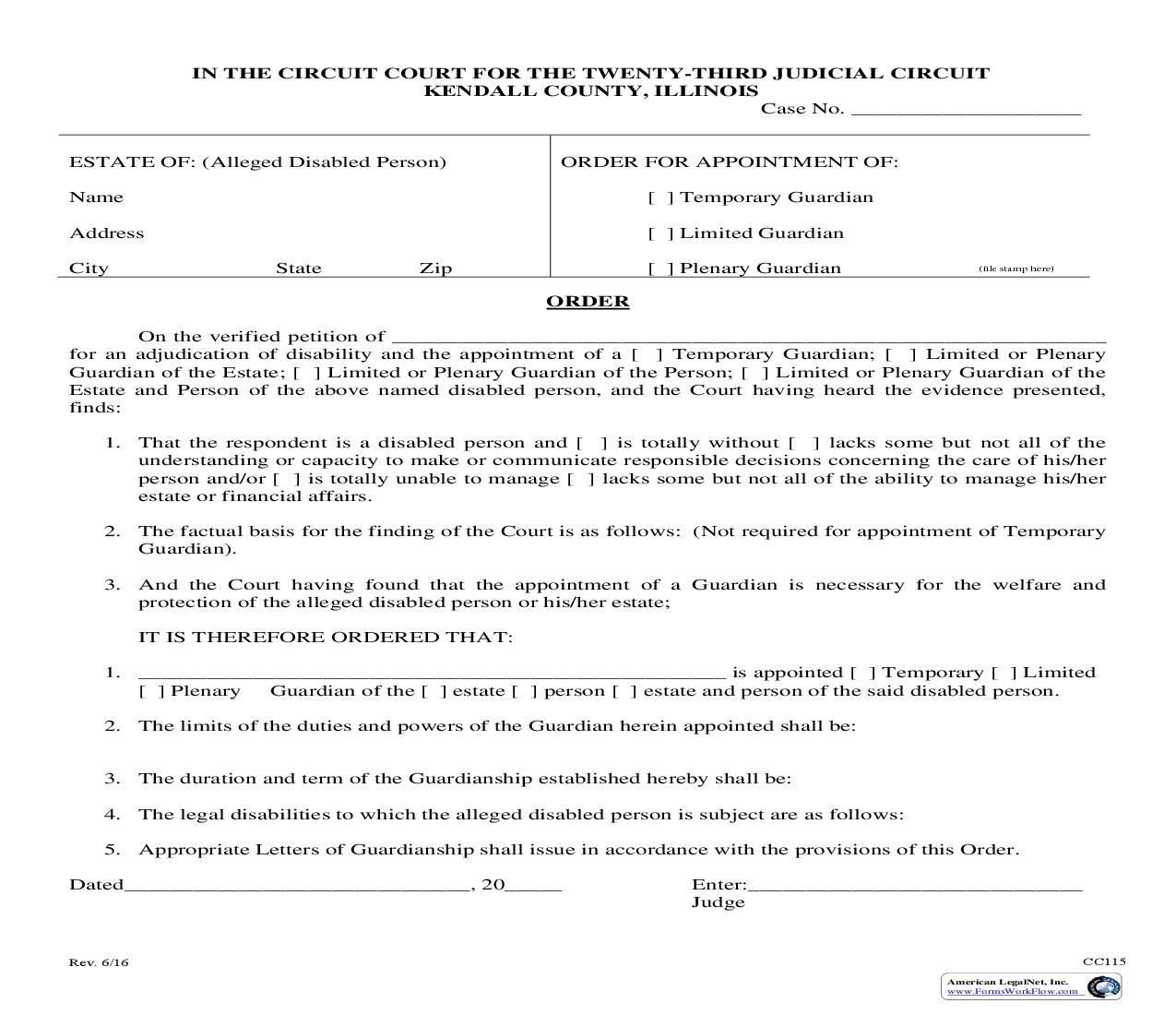 Order For Appointment Of Guardian (Temporary-Limited-Plenary - Disabled Person) {CC115} | Pdf Fpdf Doc Docx | Illinois