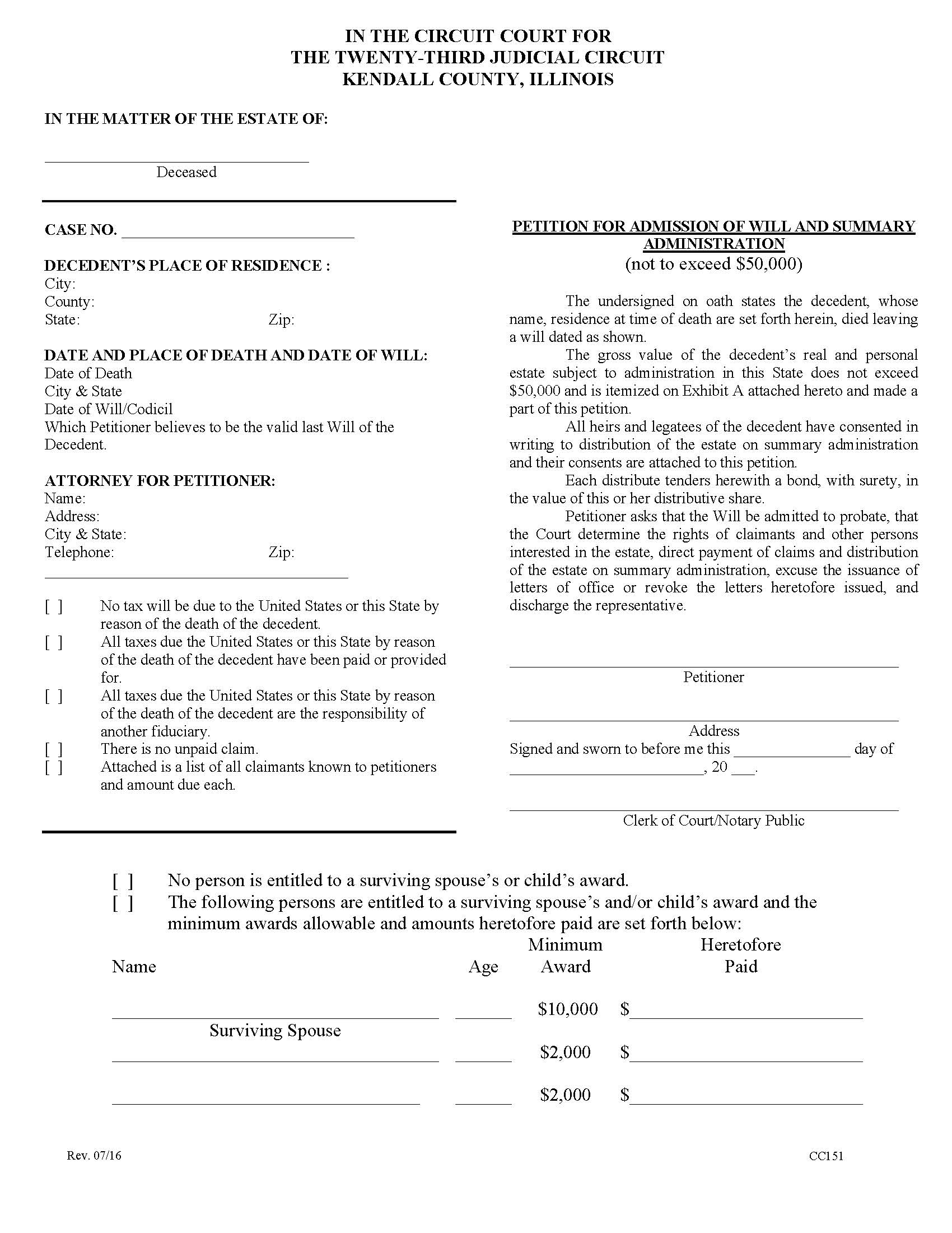 Petition For Admission Of Will And Summary Administration {CC151} | Pdf Fpdf Doc Docx | Illinois