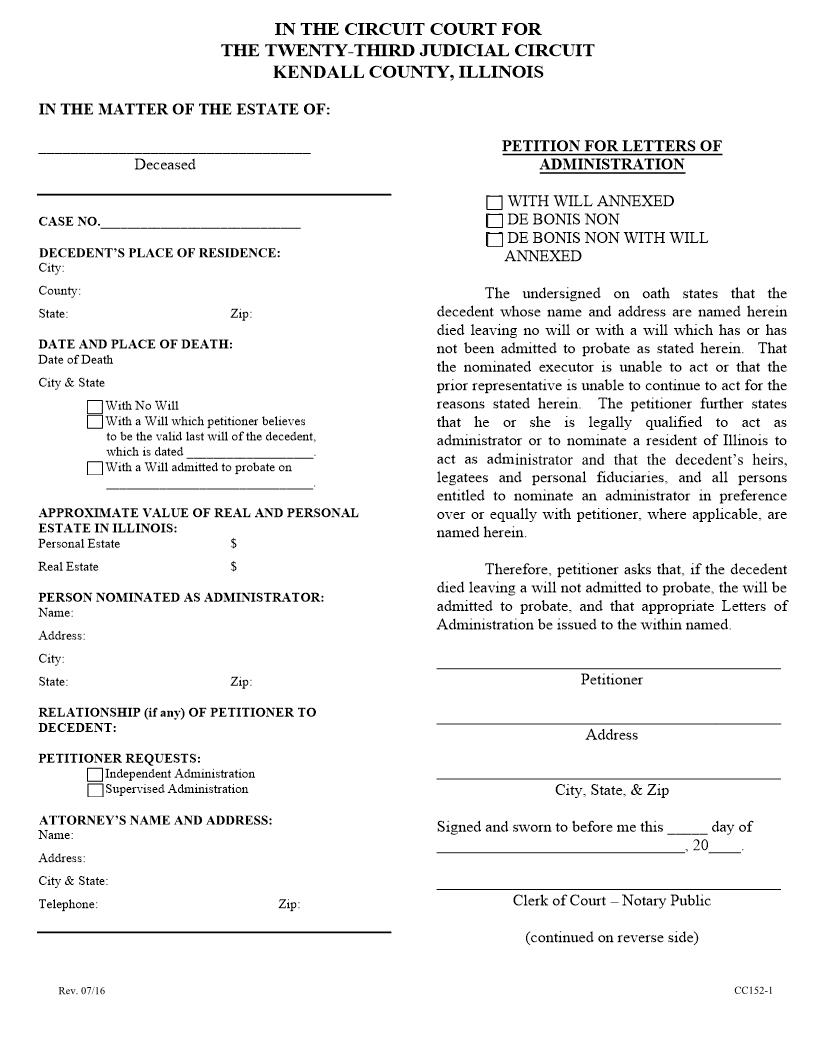 Petition For Letters Of Administration {CC152} | Pdf Fpdf Docx | Illinois