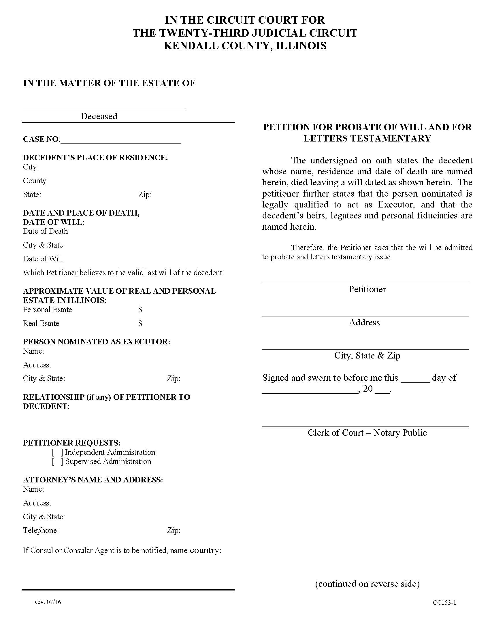 Petition For Probate Of Will And For Letters Testamentary {CC153} | Pdf Fpdf Docx | Illinois