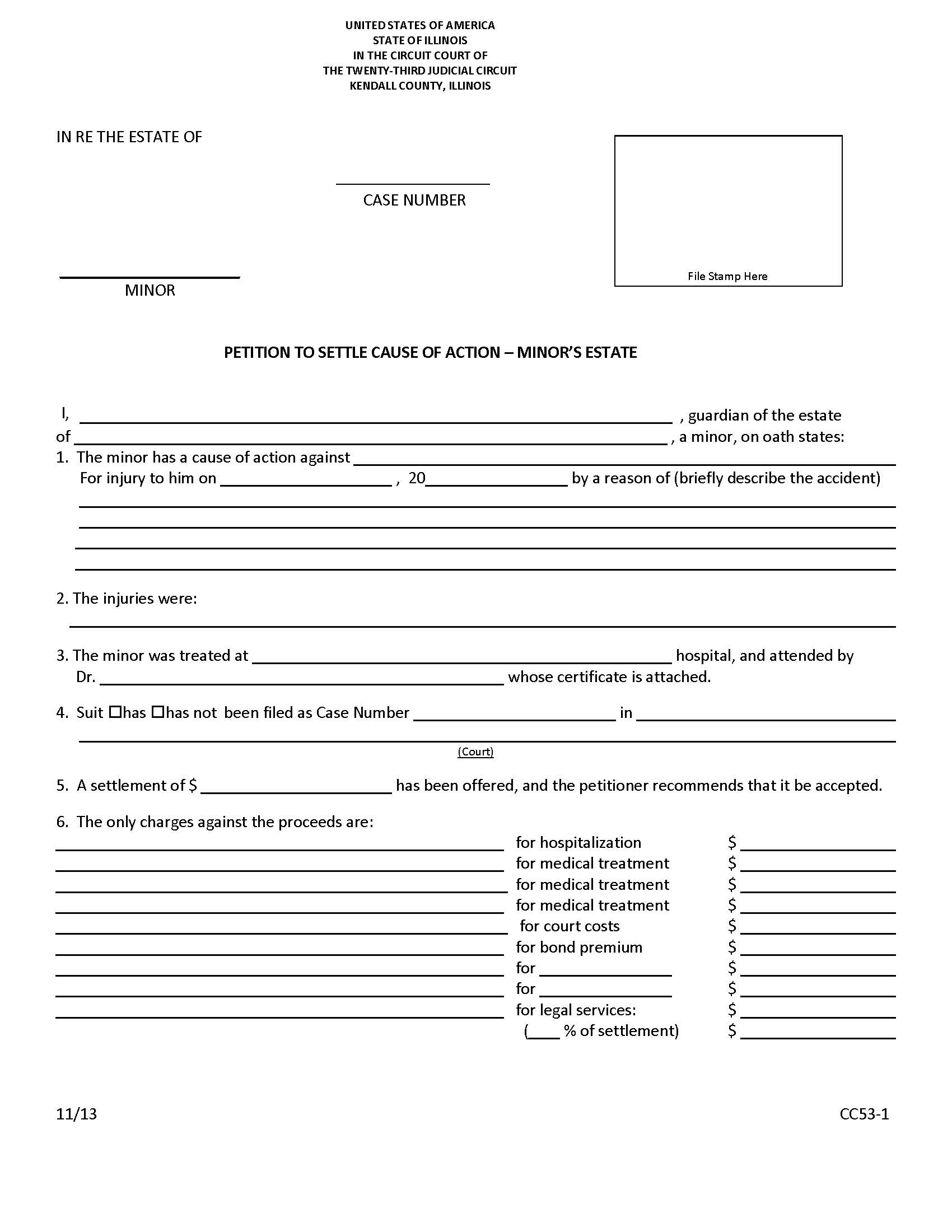 Petition To Settle Cause Of Action - Minors Estate {CC53} | Pdf Fpdf Doc Docx | Illinois