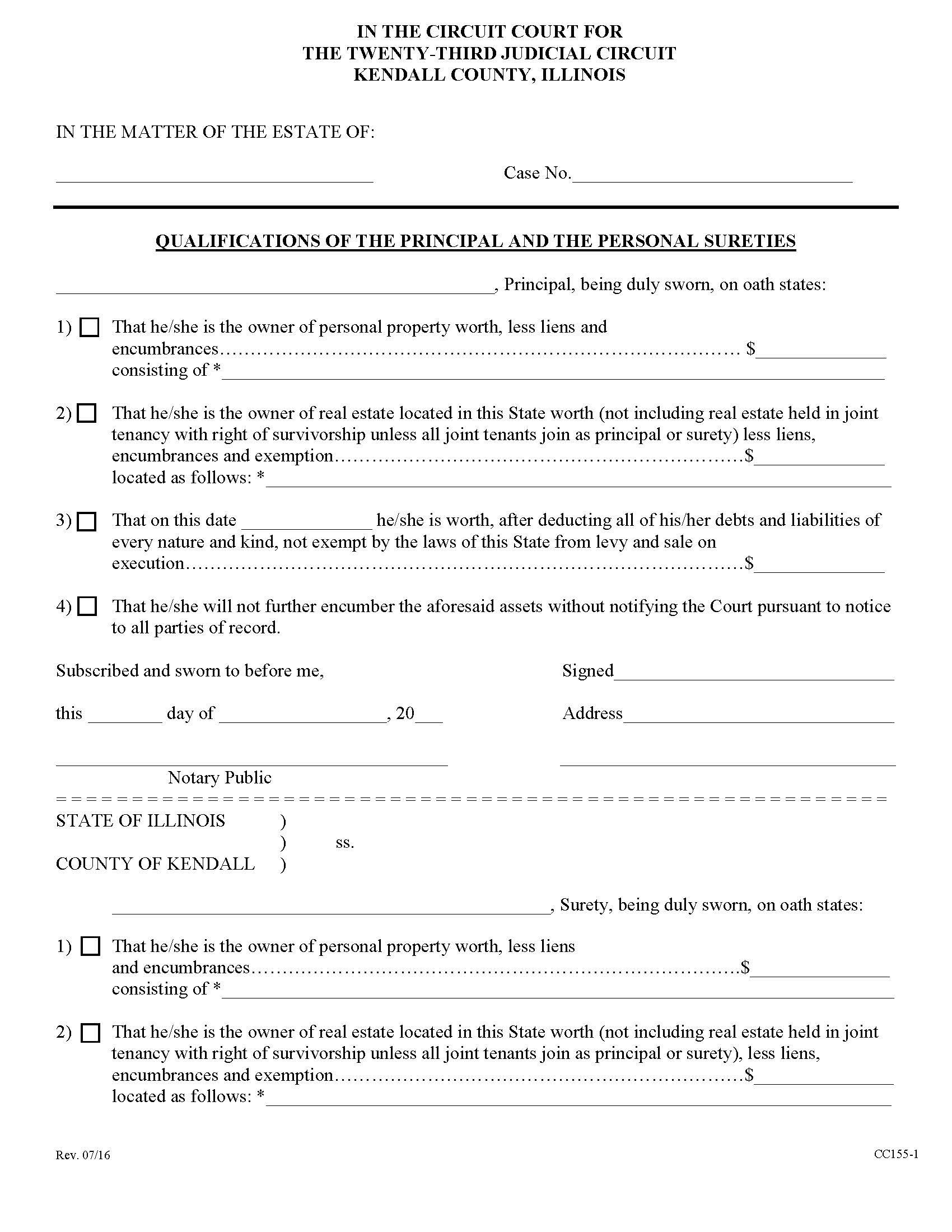 Qualifications Of Principal And Personal Sureties {CC155} | Pdf Fpdf Doc Docx | Illinois