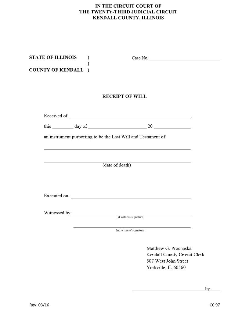 Receipt Of Will {CC97} | Pdf Fpdf Doc Docx | Illinois