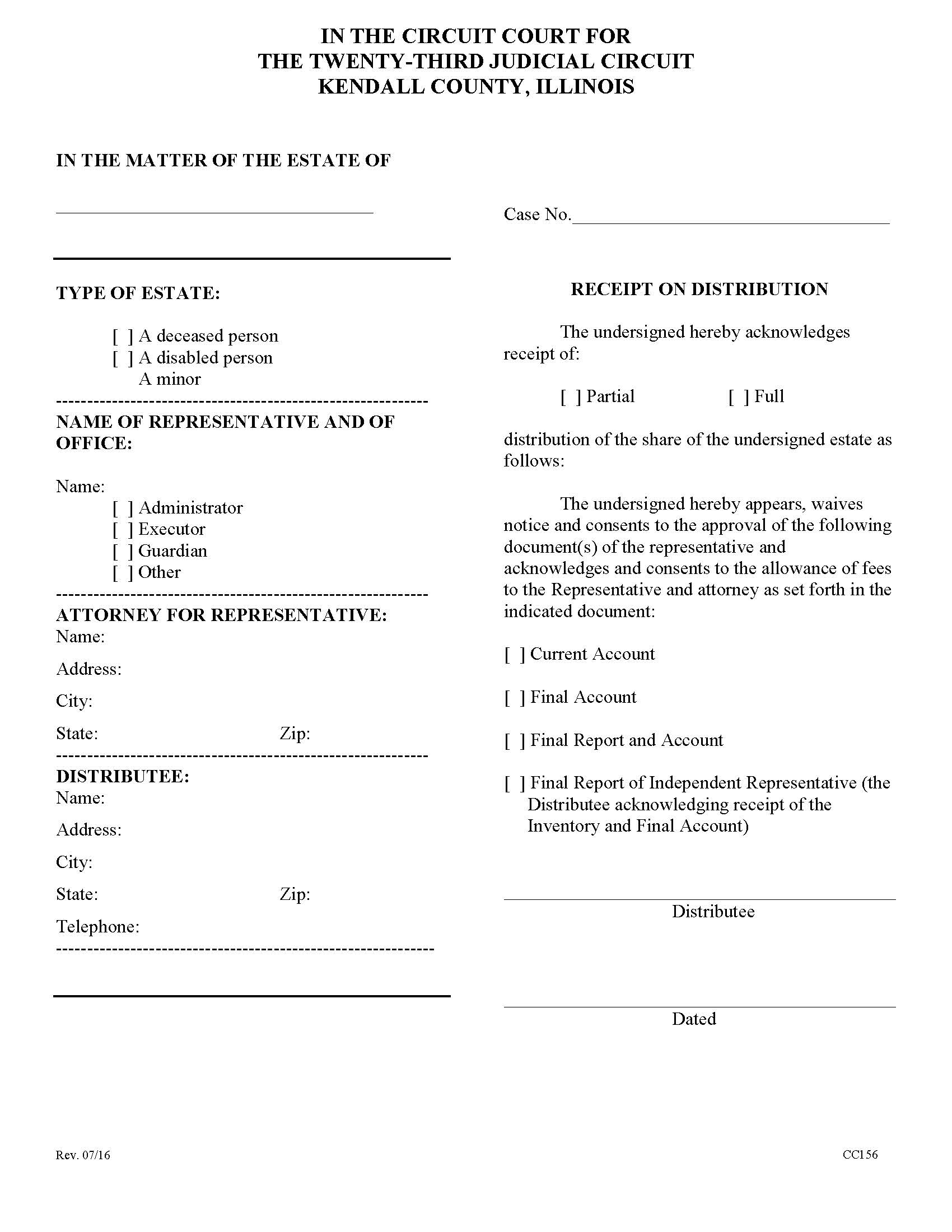 Receipt On Distribution {CC156} | Pdf Fpdf Doc Docx | Illinois