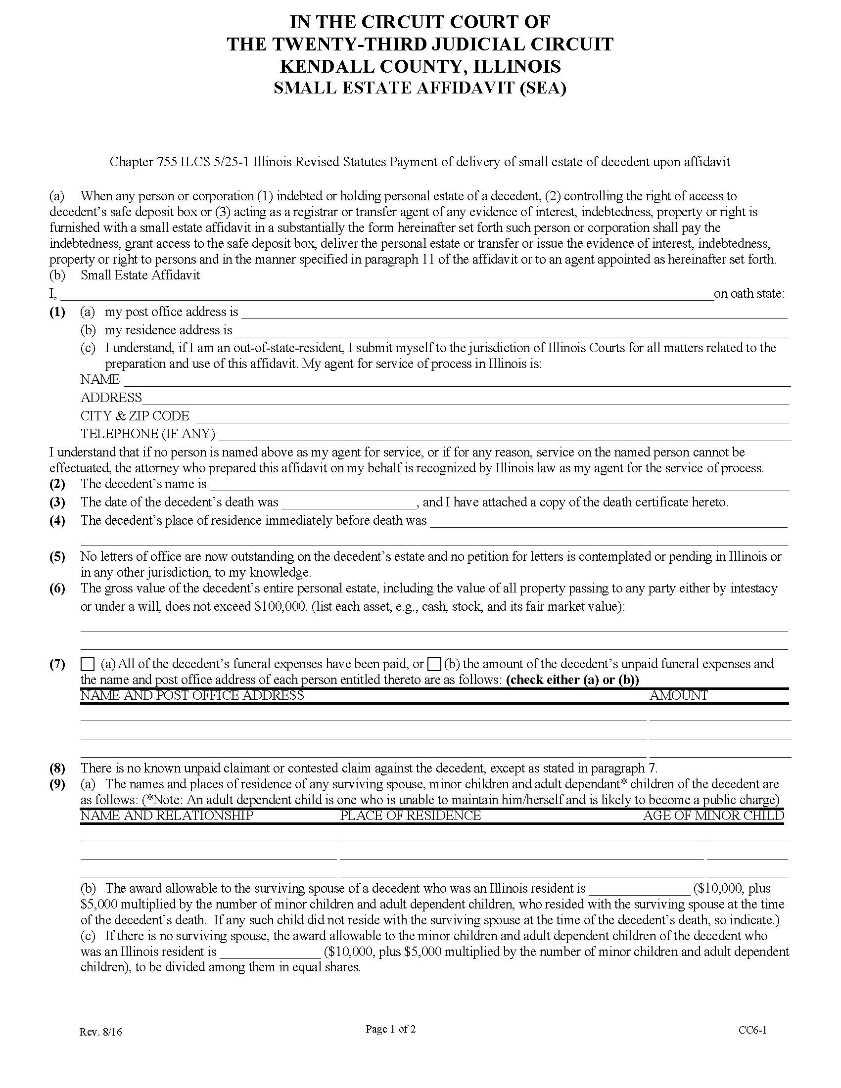 Small Estate Affidavit SEA) {CC6} | Pdf Fpdf Doc Docx | Illinois
