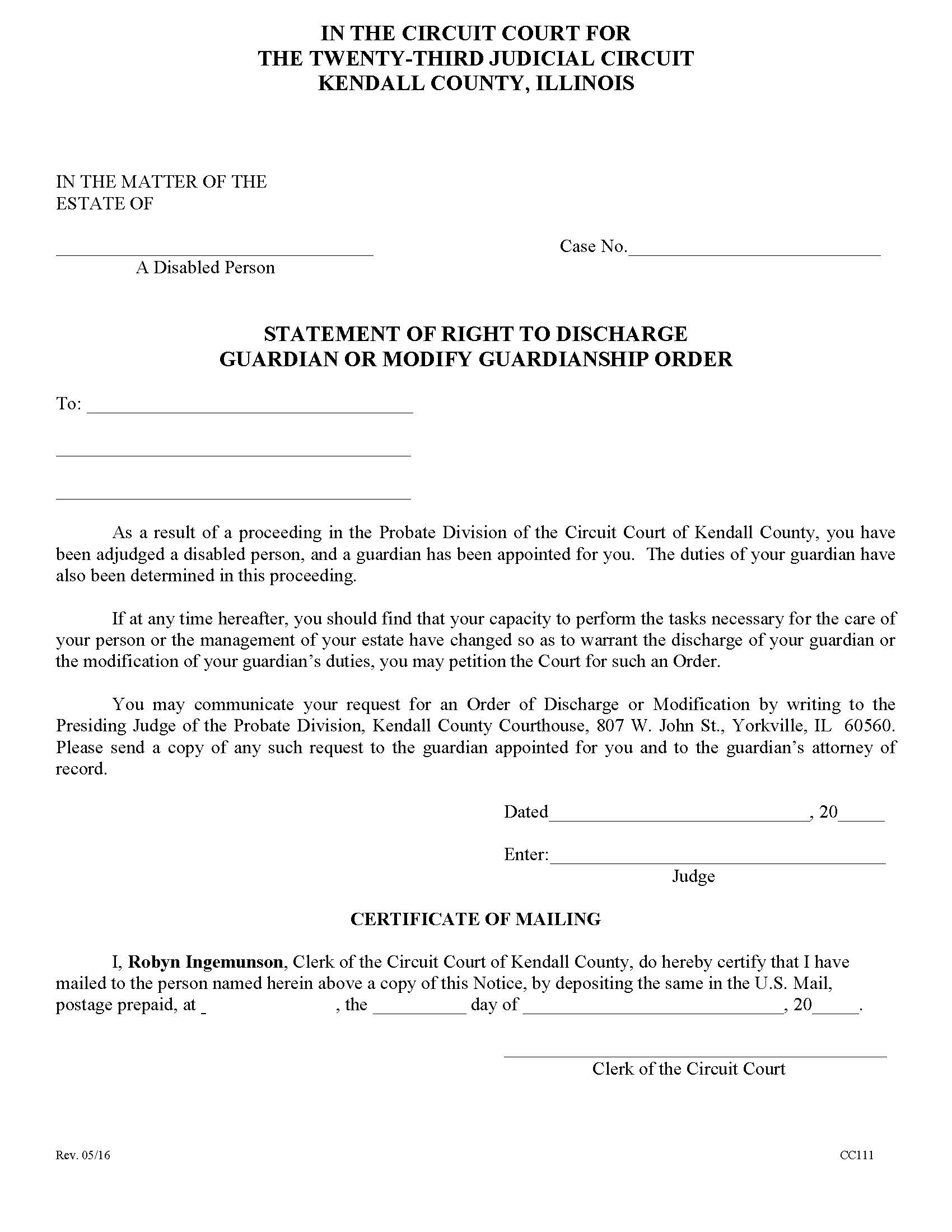 Statement Of Right To Discharge Guardian Or Modify Guardianship Order {CC111} | Pdf Fpdf Doc Docx | Illinois
