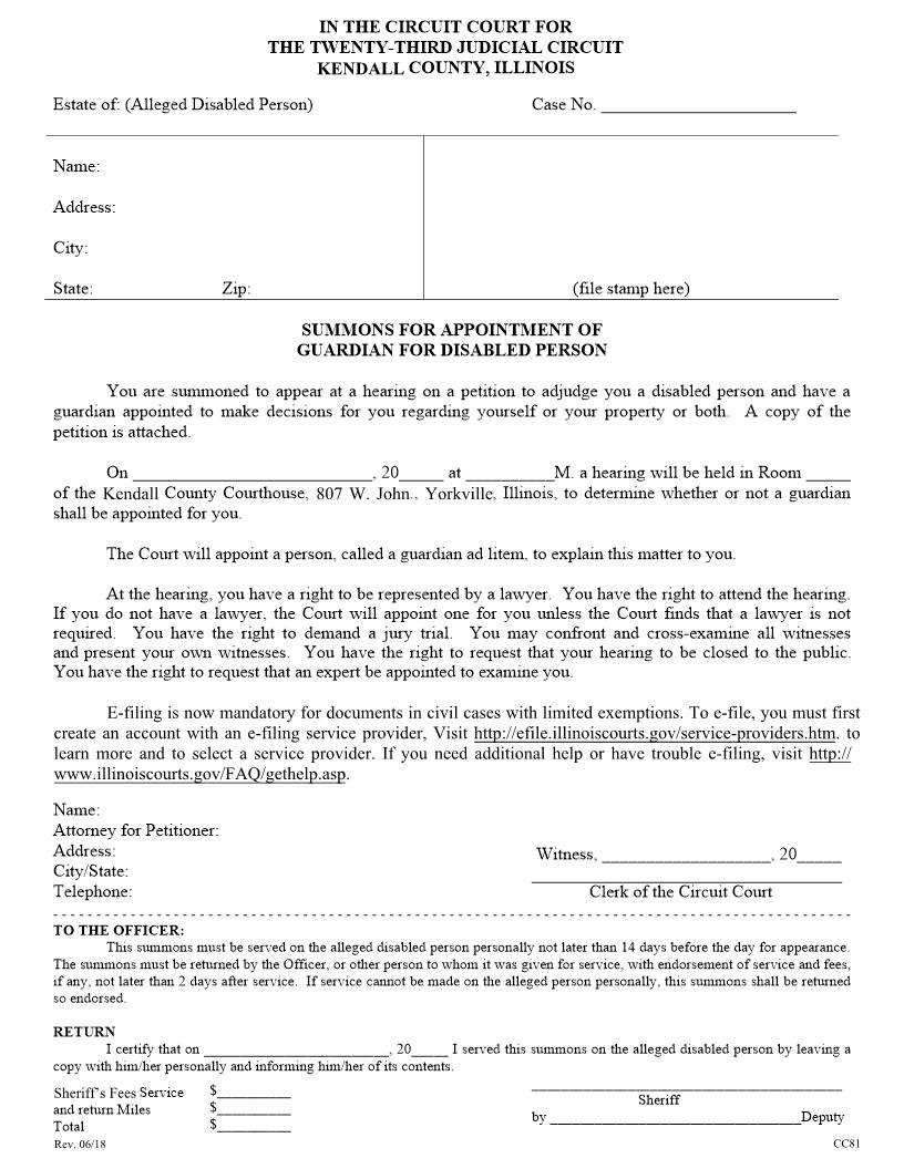 Summons For Appointment Of Guardian For Disabled Person {CC81} | Pdf Fpdf Doc Docx | Illinois
