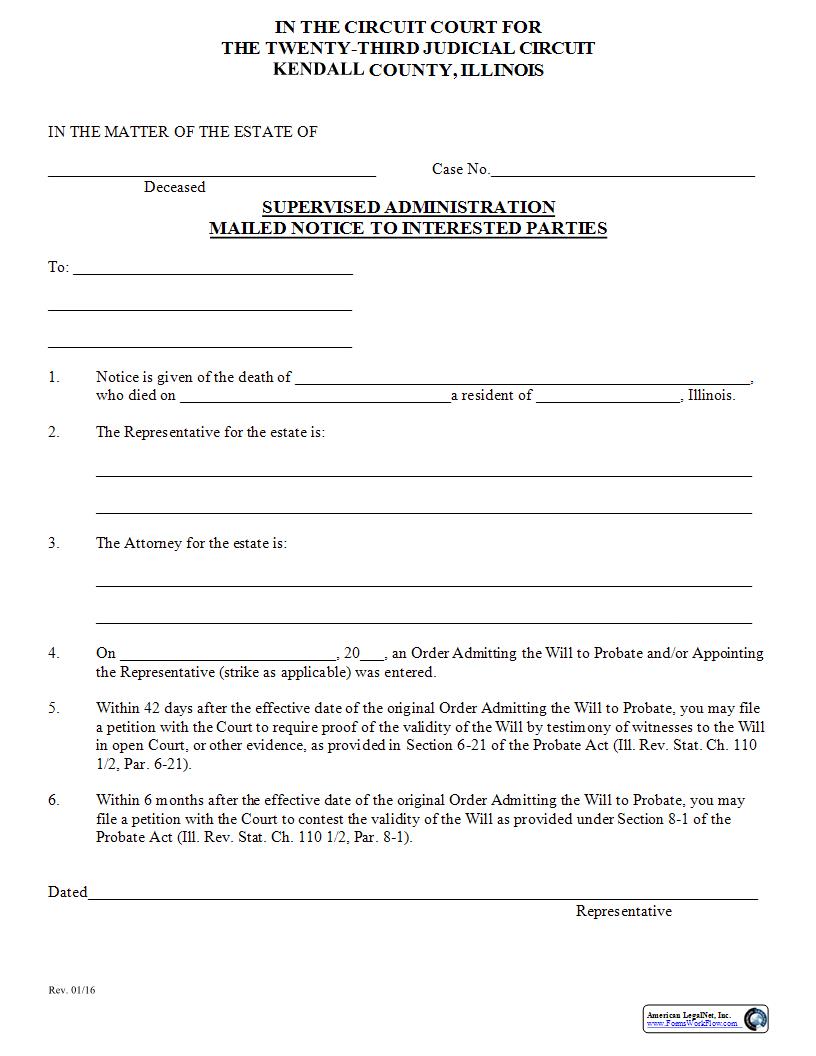 Supervised Administration Mailed Notice To Interested Parties | Pdf Fpdf Docx | Illinois