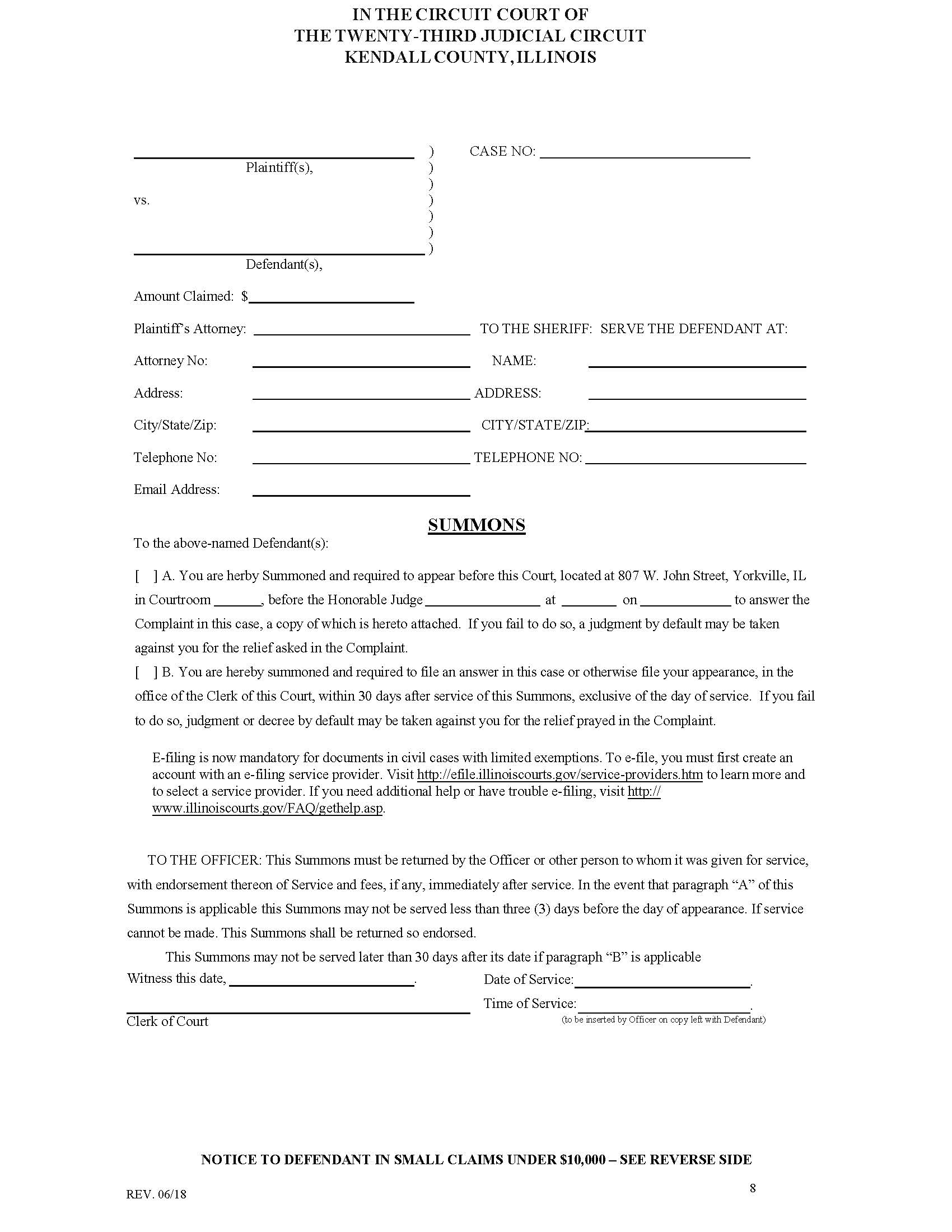 Summons (Detinue) | Pdf Fpdf Docx | Illinois
