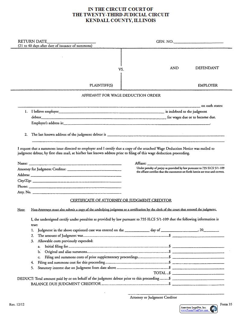 Affidavit For Wage Deduction Order {35} | Pdf Fpdf Docx | Illinois