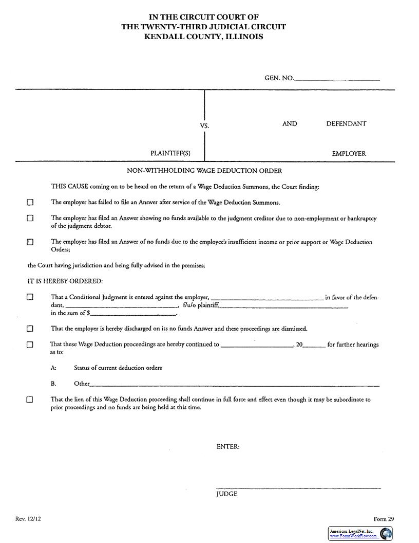 Non-Withholding Wage Deduction Order {29} | Pdf Fpdf Docx | Illinois