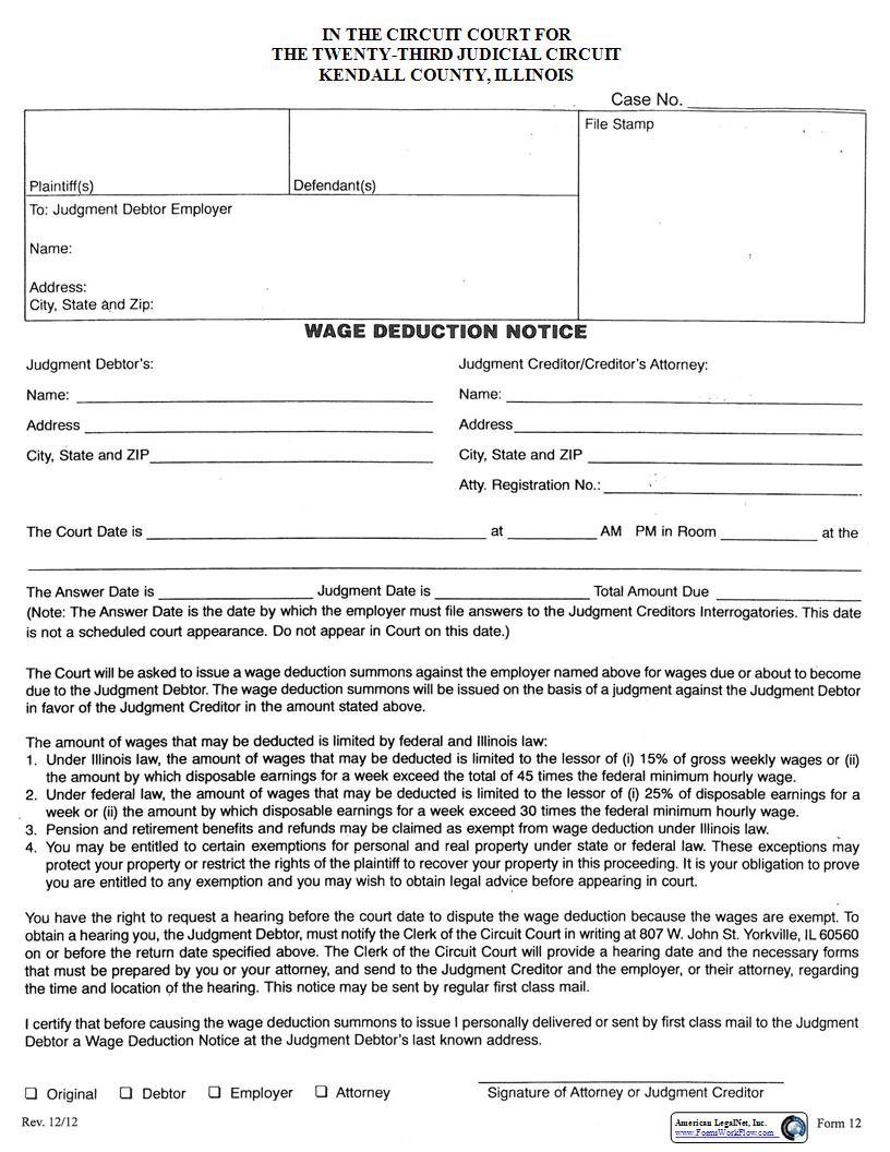 Wage Deduction Notice {12} | Pdf Fpdf Docx | Illinois