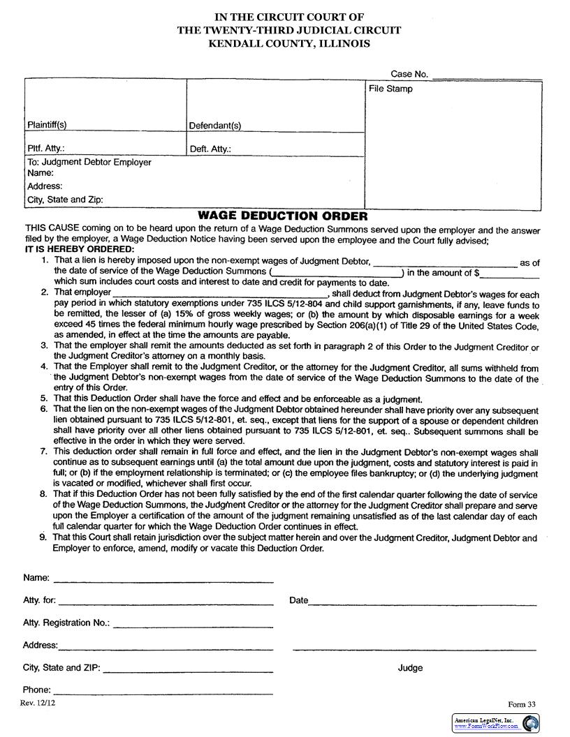 Wage Deduction Order {33} | Pdf Fpdf Docx | Illinois