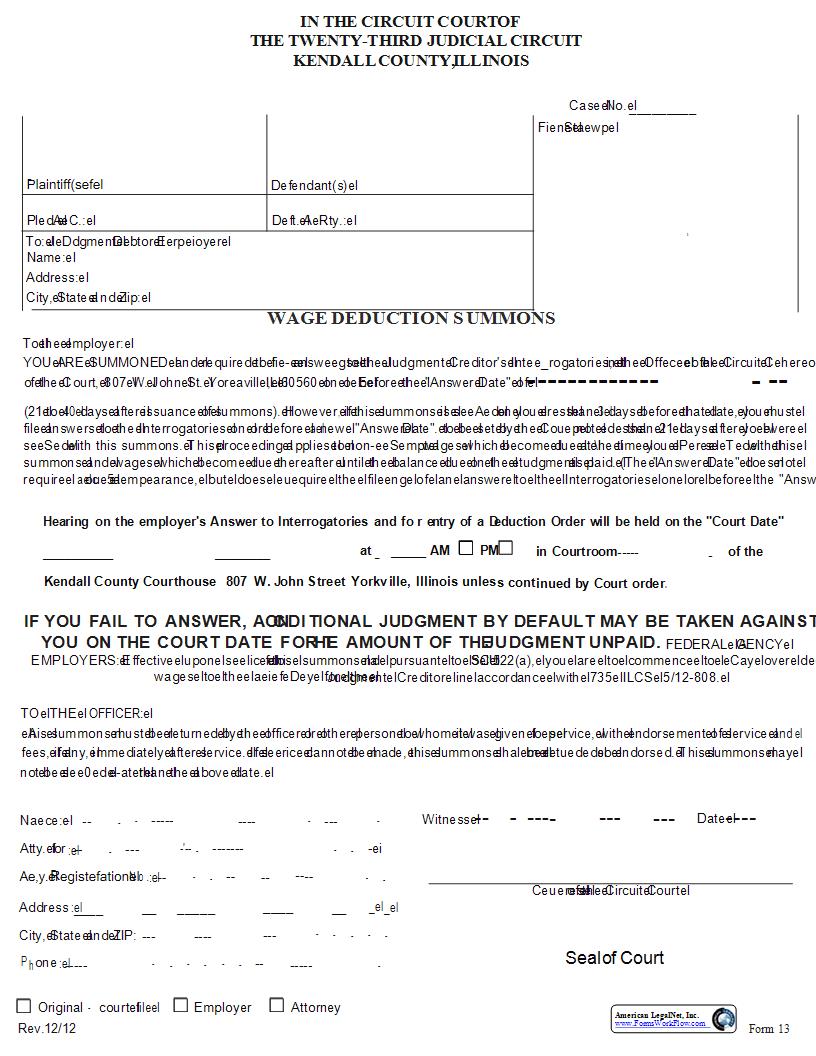 Wage Deduction Summons {13} | Pdf Fpdf Docx | Illinois