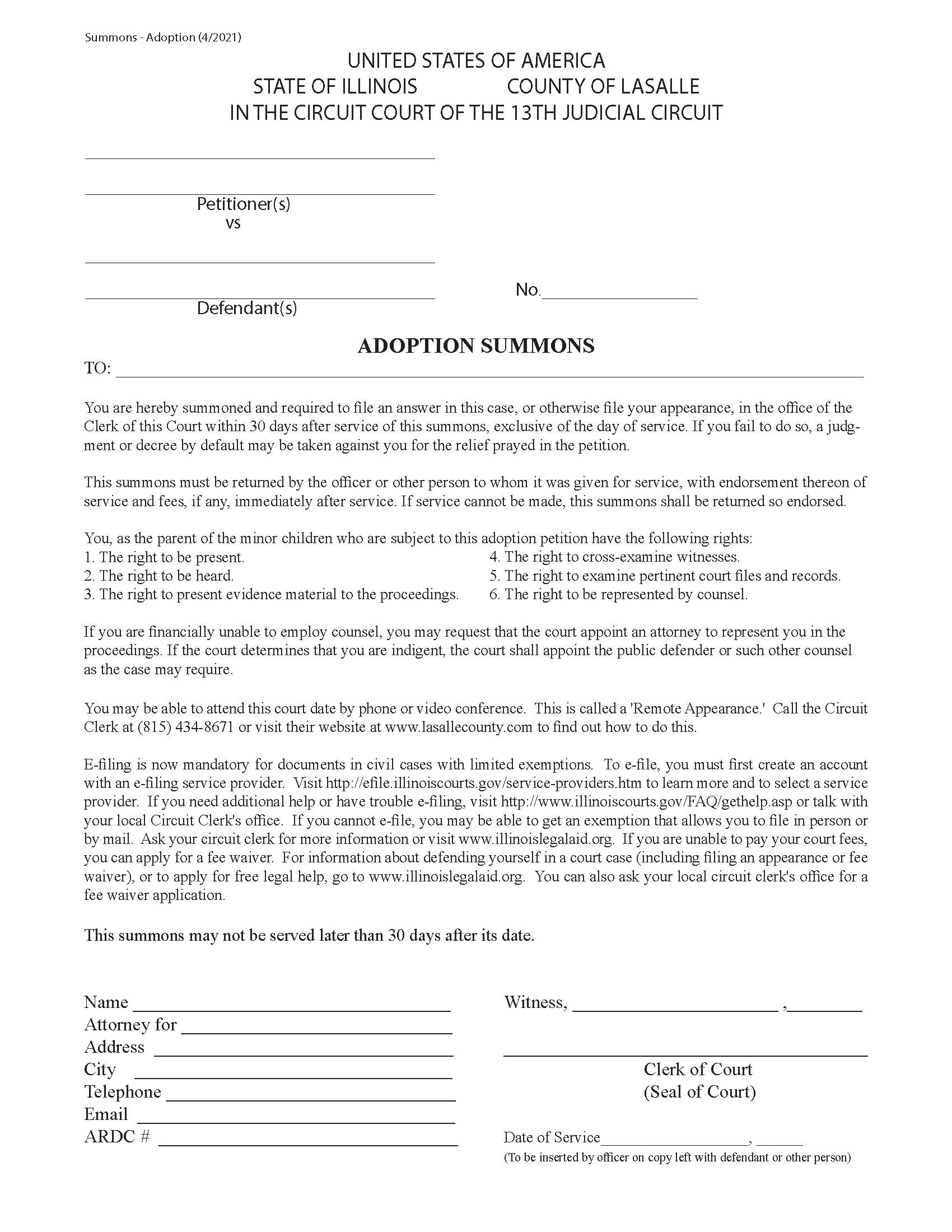 Adoption Summons | Pdf Fpdf Docx | Illinois