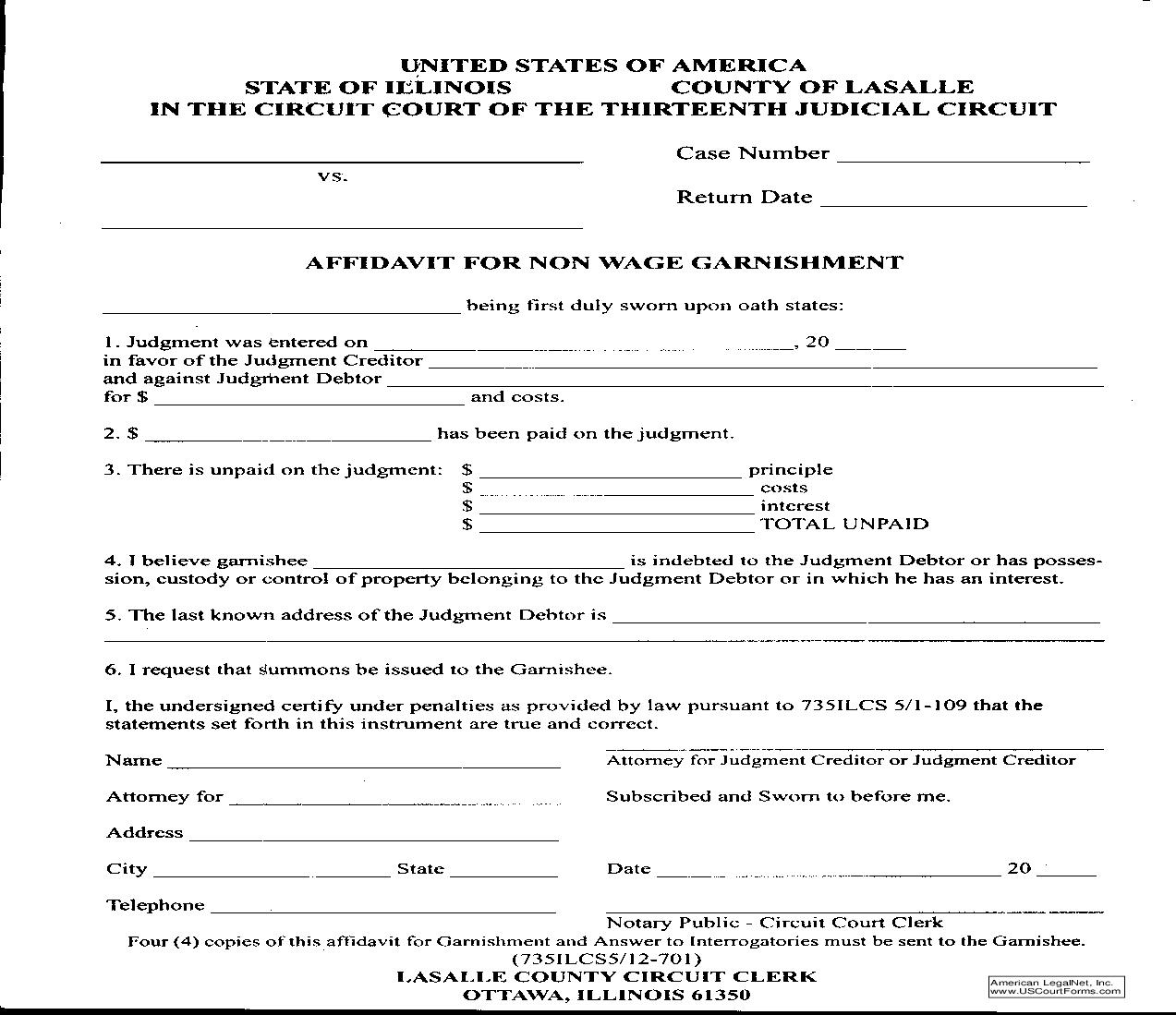 Affidavit For Non Wage Garnishment | Pdf Fpdf Doc Docx | Illinois