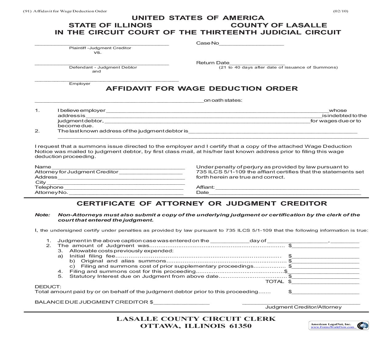 Affidavit For Wage Deduction Order | Pdf Fpdf Doc Docx | Illinois