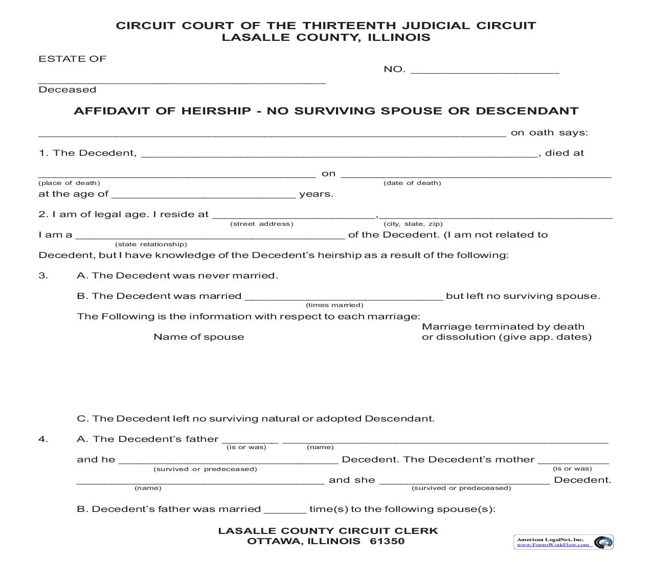 Affidavit Of Heirship - No Surviving Spouse Or Descendant | Pdf Fpdf Doc Docx | Illinois