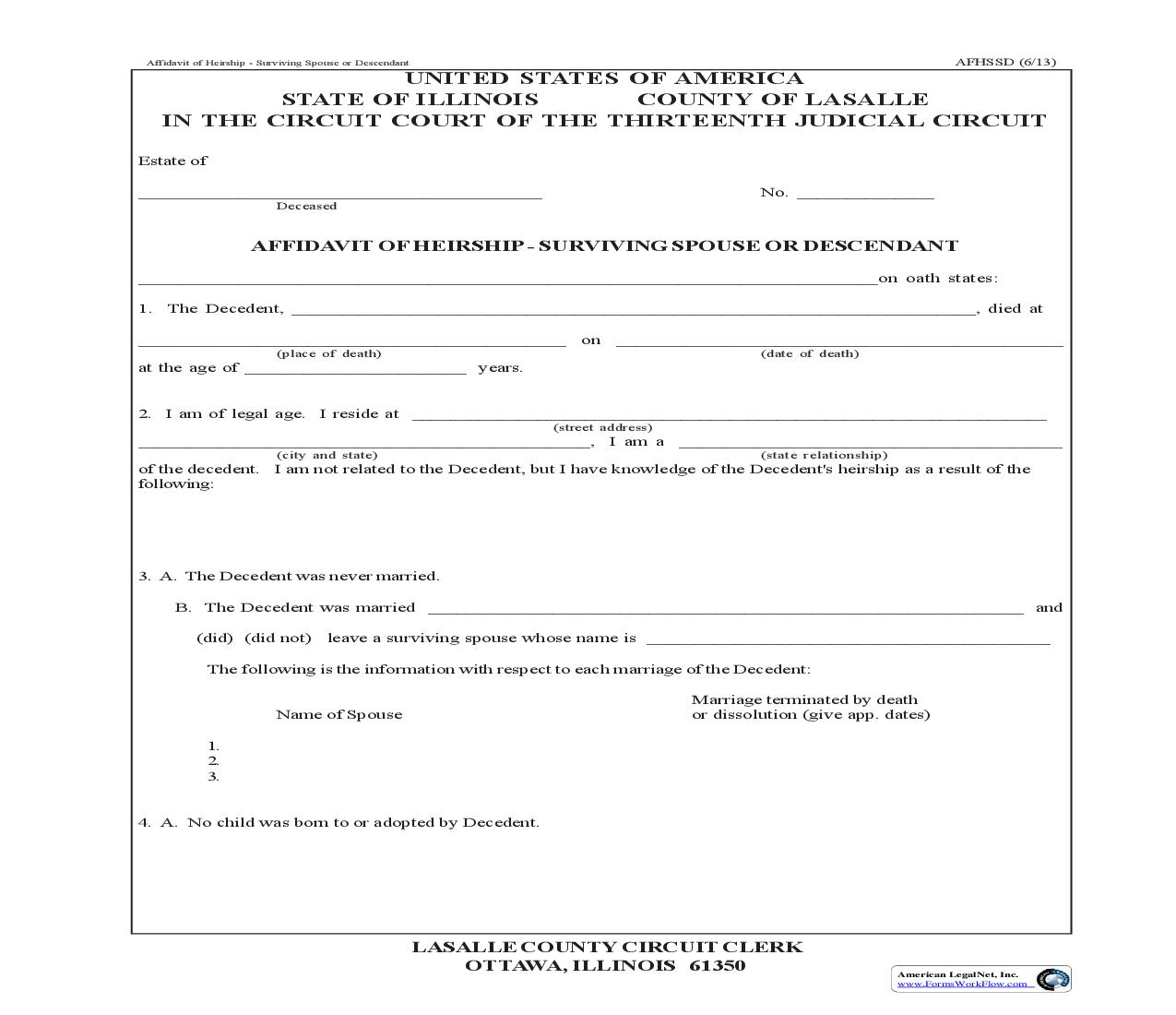 Affidavit Of Heirship - Surviving Spouse Or Descendant | Pdf Fpdf Doc Docx | Illinois