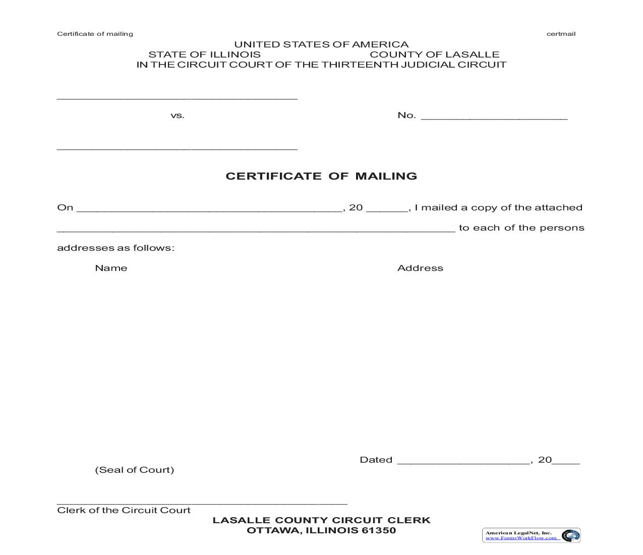 Certificate Of Mailing | Pdf Fpdf Doc Docx | Illinois