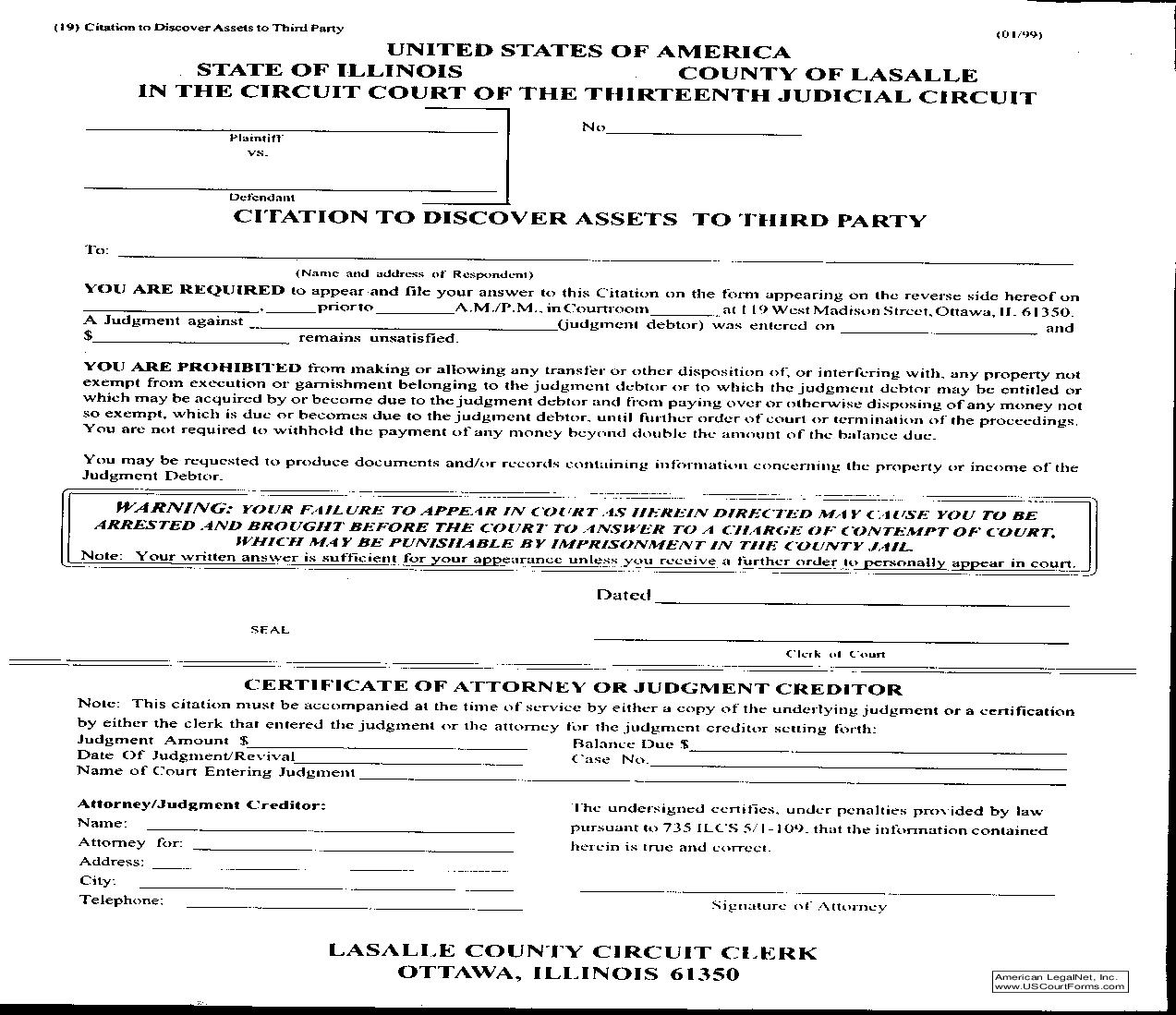 Citation To Discover Assets To Third Party {19} | Pdf Fpdf Doc Docx | Illinois