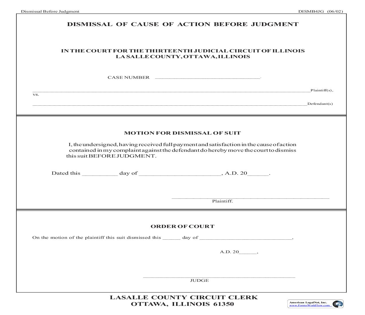 Dismissal Of Cause Of Action Before Judgment {DISMB4JG} | Pdf Fpdf Doc Docx | Illinois