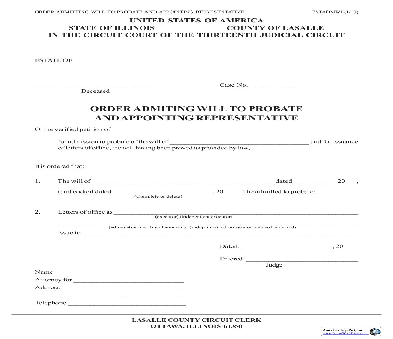 Order Admitting Will To Probate And Appointing Representative | Pdf Fpdf Doc Docx | Illinois