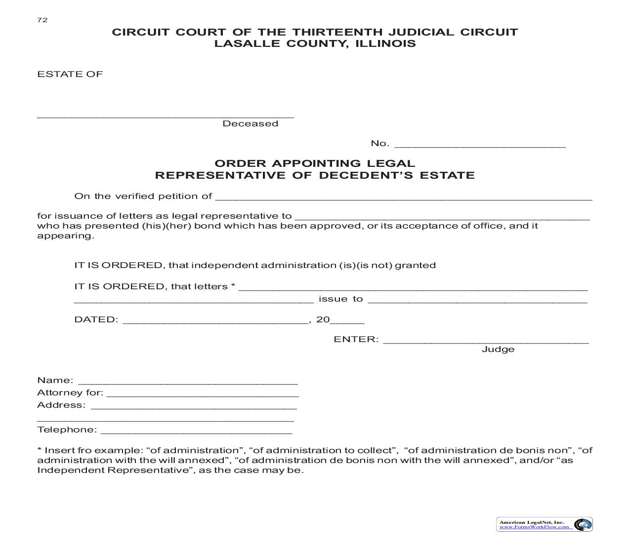 Order Appointing Legal Representative Of Decedents Estate {72} | Pdf Fpdf Doc Docx | Illinois