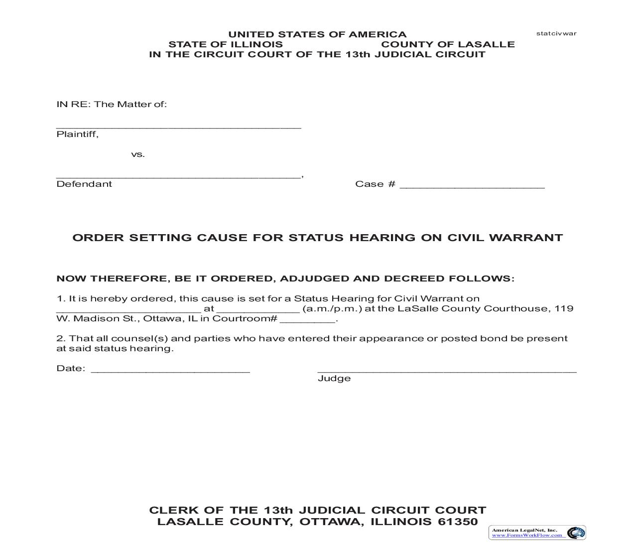 Order Setting Cause For Status Hearing On Civil Warrant | Pdf Fpdf Doc Docx | Illinois