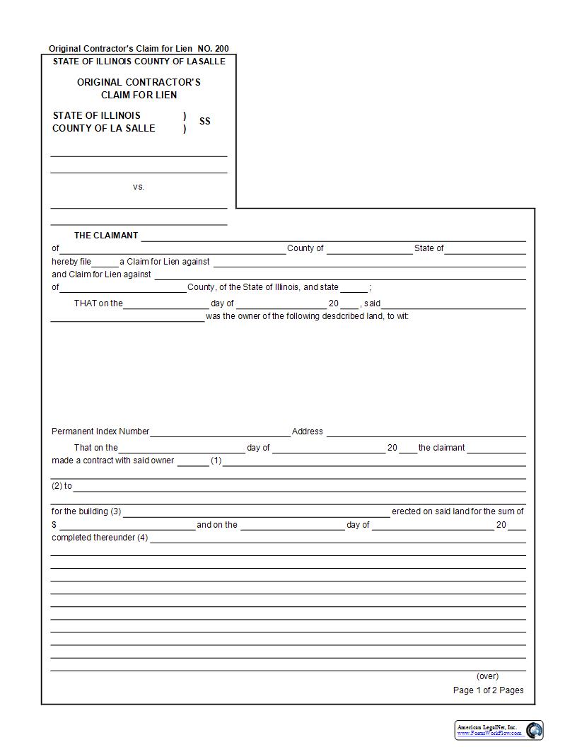 Original Contractors Claim For Lien {200} | Pdf Fpdf Docx | Illinois