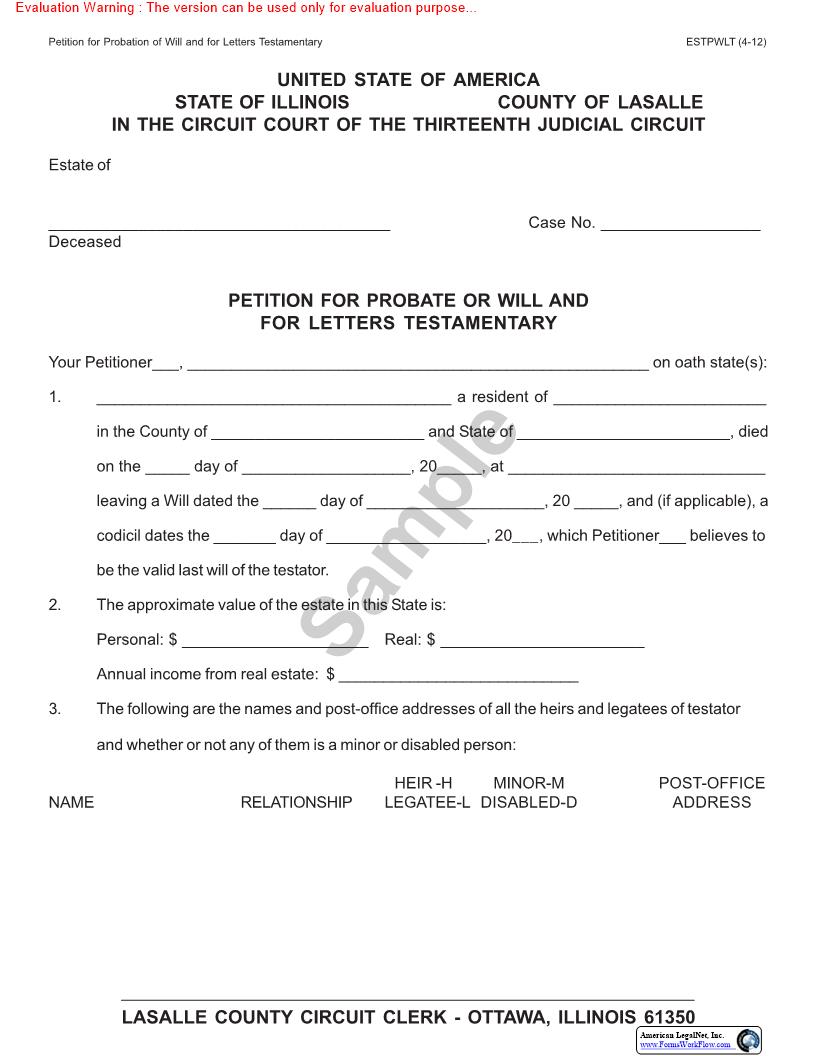 Petition For Probate Of Will And For Letters Testamentary | Pdf Fpdf Doc Docx | Illinois