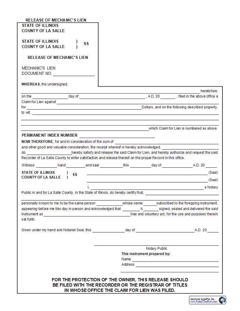 Release Of Mechanics Lien | Pdf Fpdf Docx | Illinois