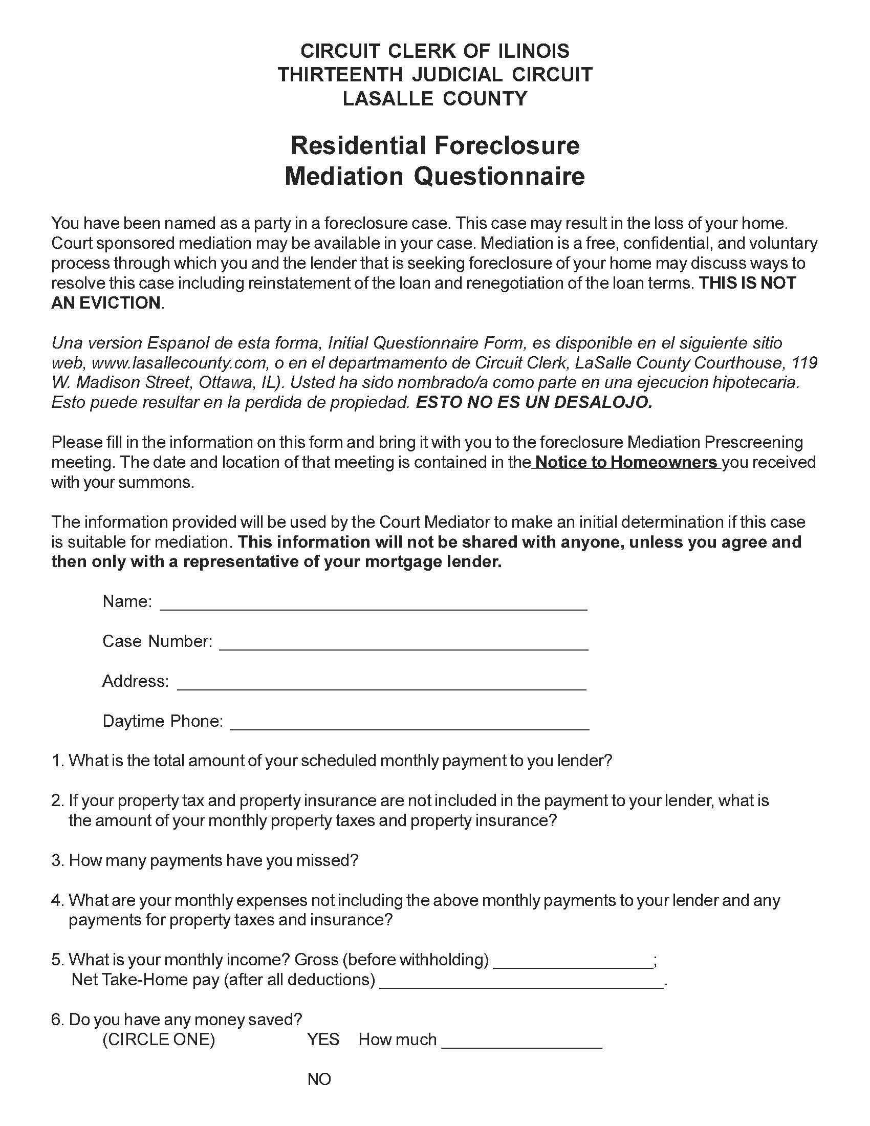 Residential Foreclosure Mediation Questionnaire | Pdf Fpdf Doc Docx | Illinois