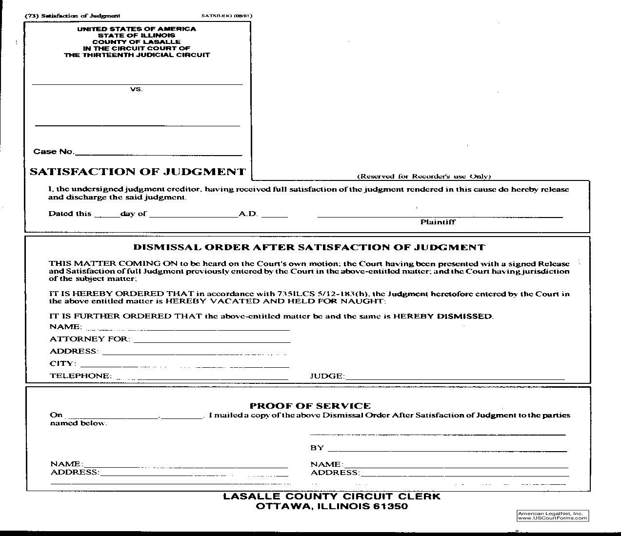 Satisfaction Of Judgment (And Order Of Dismissal) {73} | Pdf Fpdf Doc Docx | Illinois