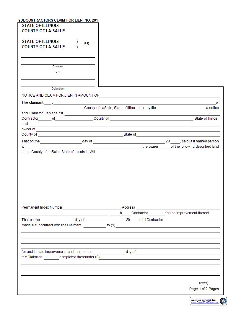 Subcontractors Claim For Lien {201} | Pdf Fpdf Docx | Illinois