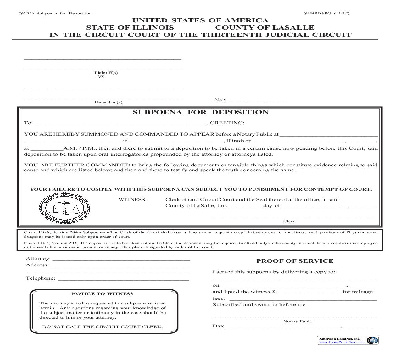 Subpoena For Deposition {55} | Pdf Fpdf Doc Docx | Illinois