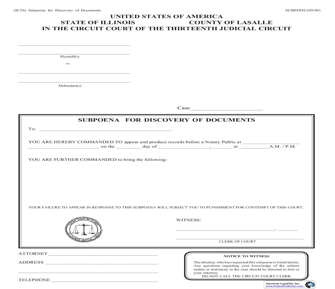 Subpoena For Discovery Of Documents {56} | Pdf Fpdf Doc Docx | Illinois