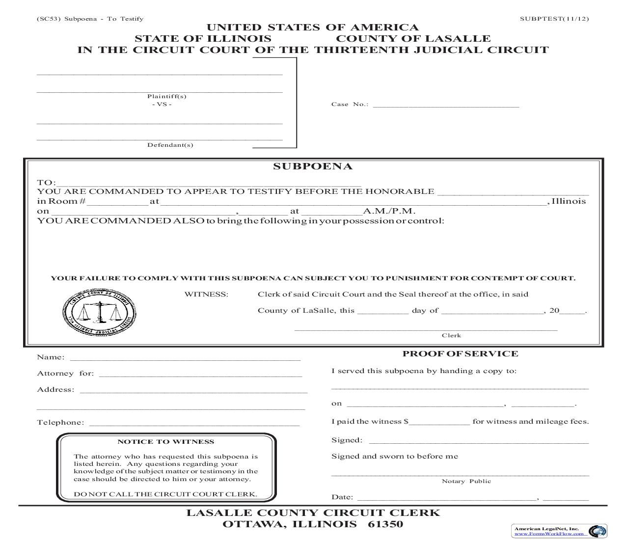 Subpoena To Testify {53} | Pdf Fpdf Doc Docx | Illinois