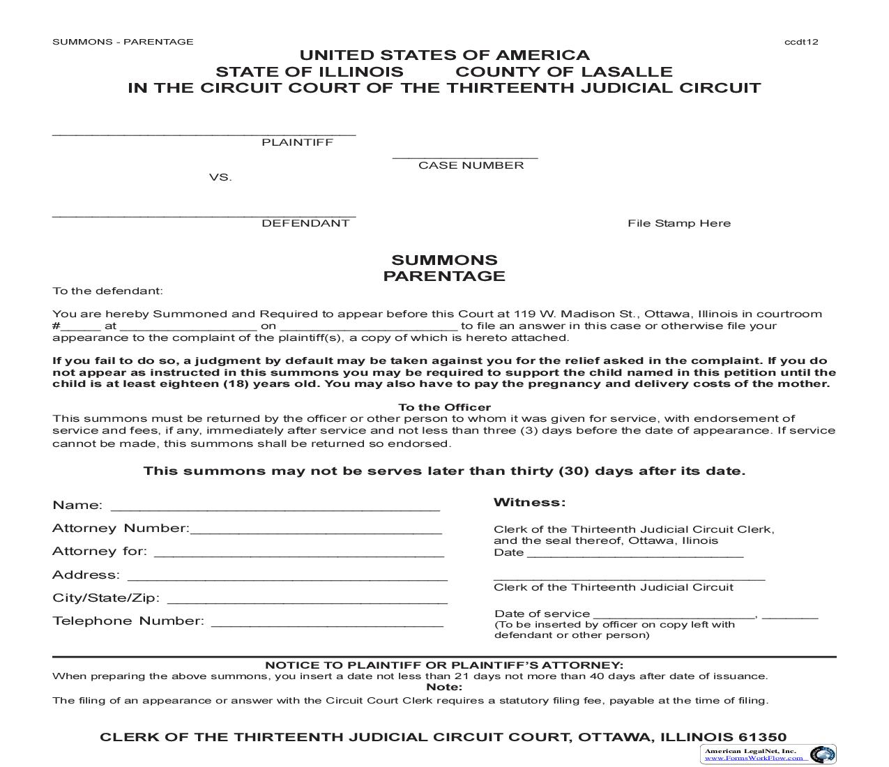 Summons - Parentage | Pdf Fpdf Doc Docx | Illinois