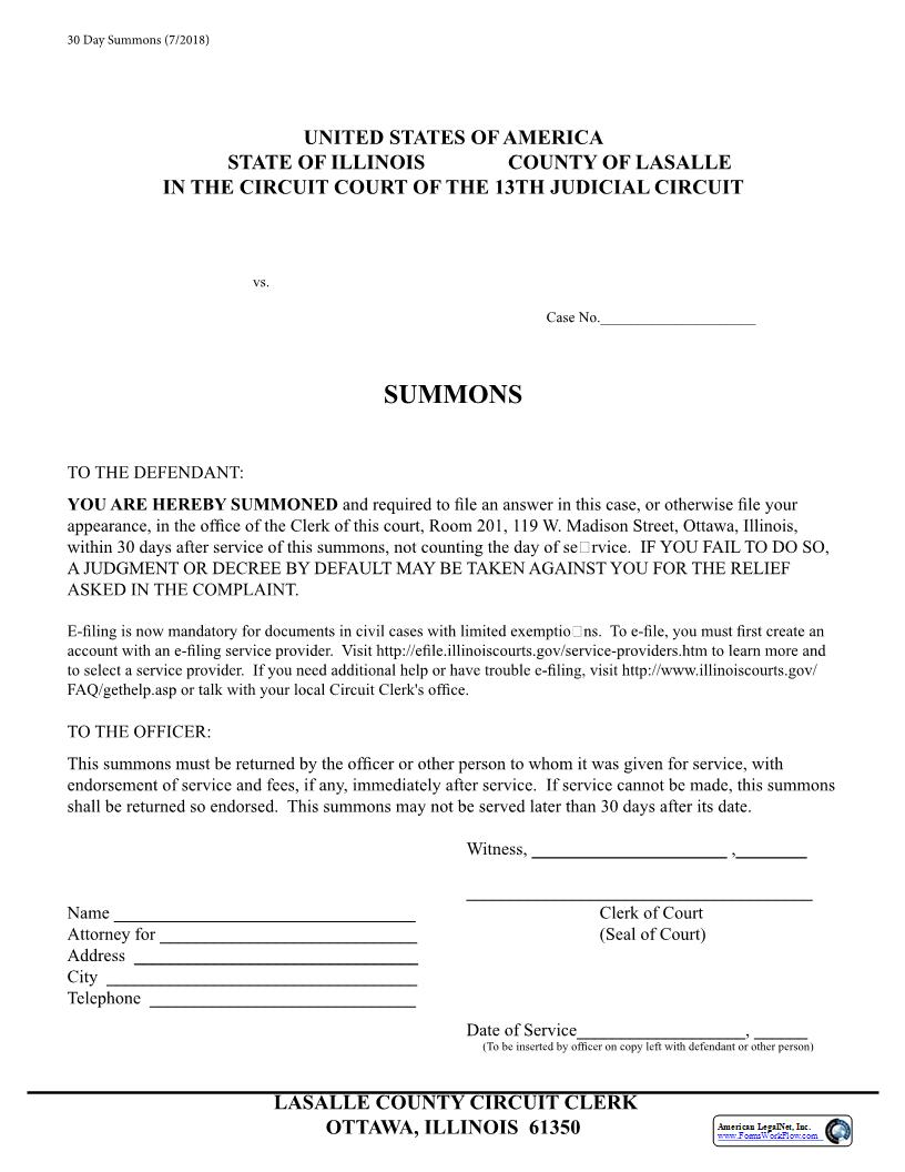 Summons 30 Days | Pdf Fpdf Docx | Illinois
