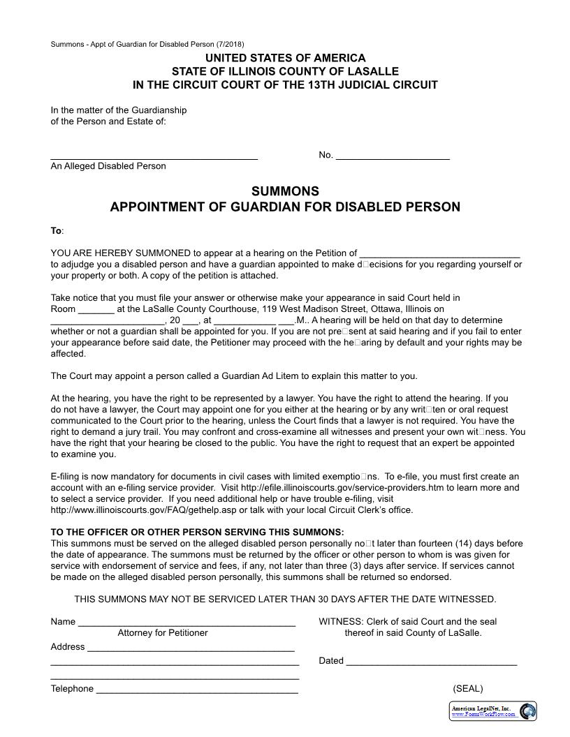 Summons Appointment Of Guardian For Disabled Person | Pdf Fpdf Docx | Illinois