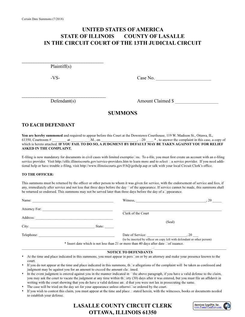 Summons Certain Date | Pdf Fpdf Docx | Illinois