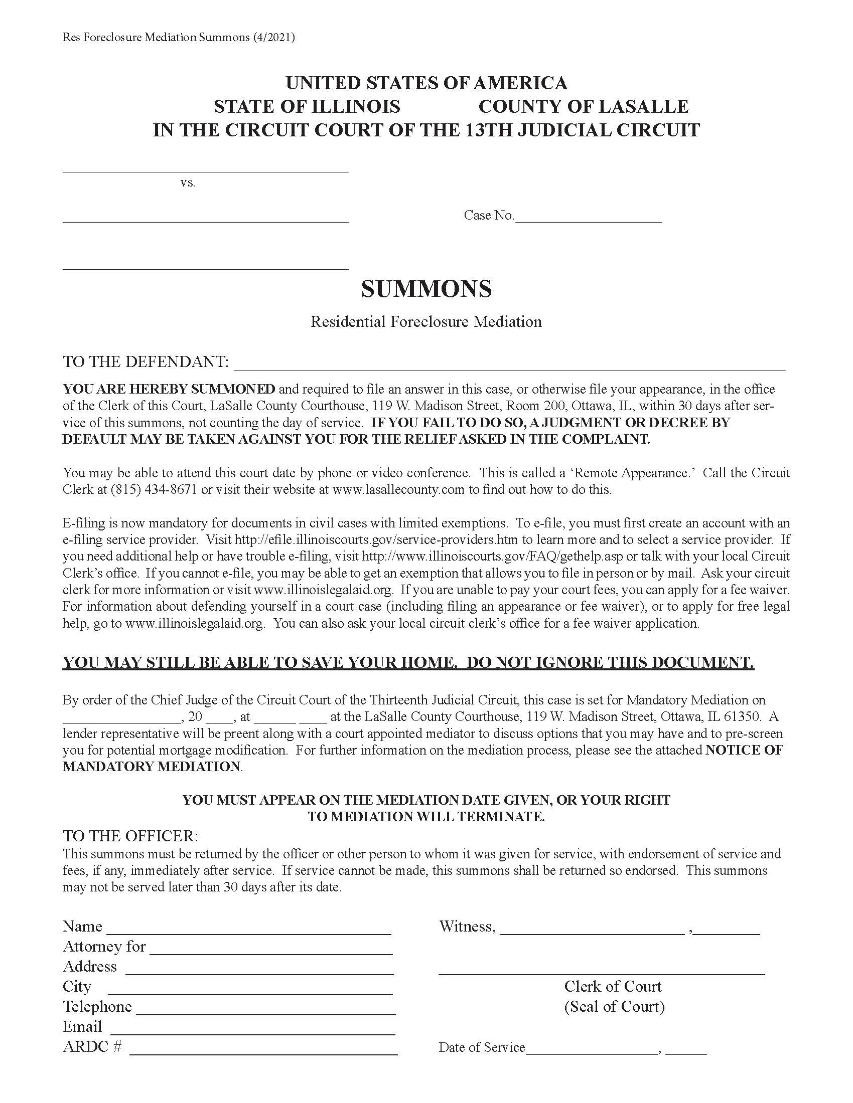Summons Residential Foreclosure Mediation | Pdf Fpdf Doc Docx | Illinois