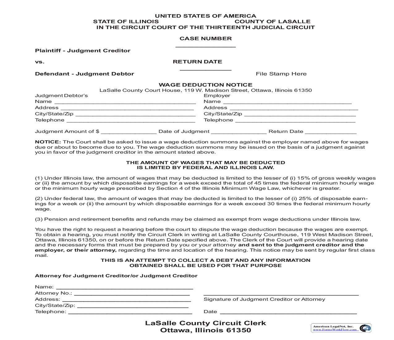 Wage Deduction Notice | Pdf Fpdf Doc Docx | Illinois